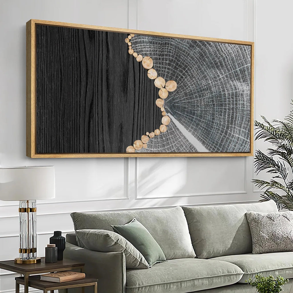 Gray Tree Rings and Wood Grain Effect Modern Pictures Oversized Framed Wall Art Canvas Print
