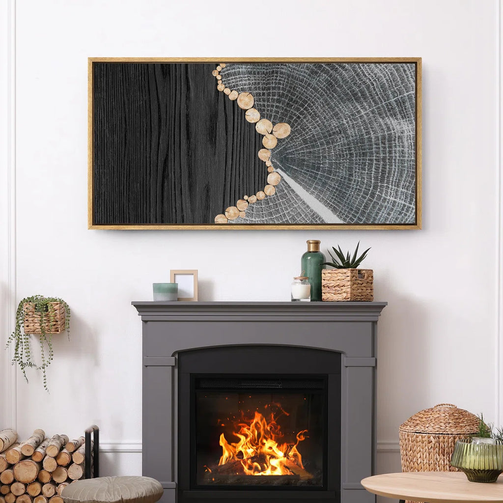 Gray Tree Rings and Wood Grain Effect Modern Pictures Oversized Framed Wall Art Canvas Print