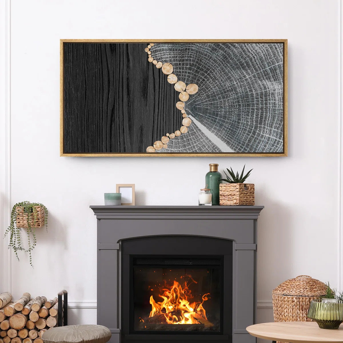 Gray Tree Rings and Wood Grain Effect Modern Pictures Oversized Framed Wall Art Canvas Print