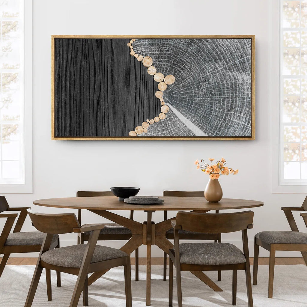 Gray Tree Rings and Wood Grain Effect Modern Pictures Oversized Framed Wall Art Canvas Print