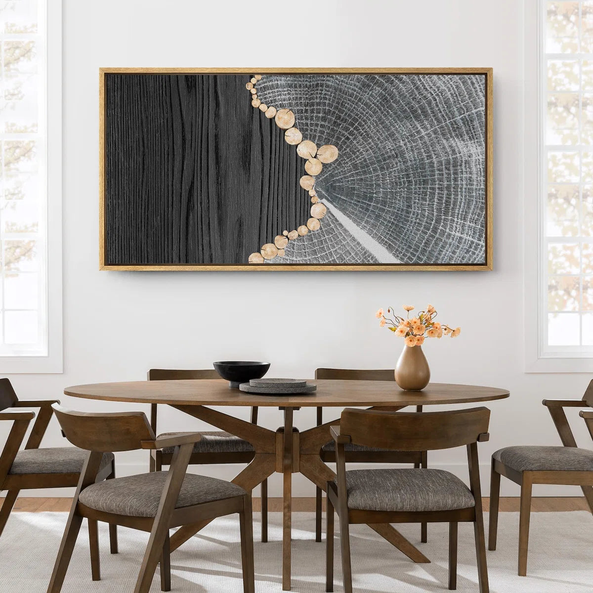 Gray Tree Rings and Wood Grain Effect Modern Pictures Oversized Framed Wall Art Canvas Print